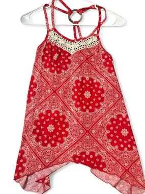 Red Bandana-Print Crochet-Trim Tank Top